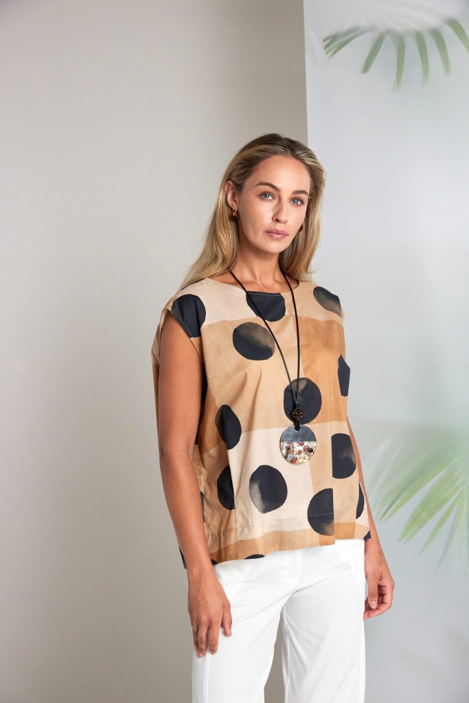 Spot Print Round Neck Top in Tan