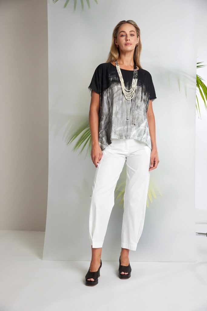 Border Print Round Neck Top in Taupe