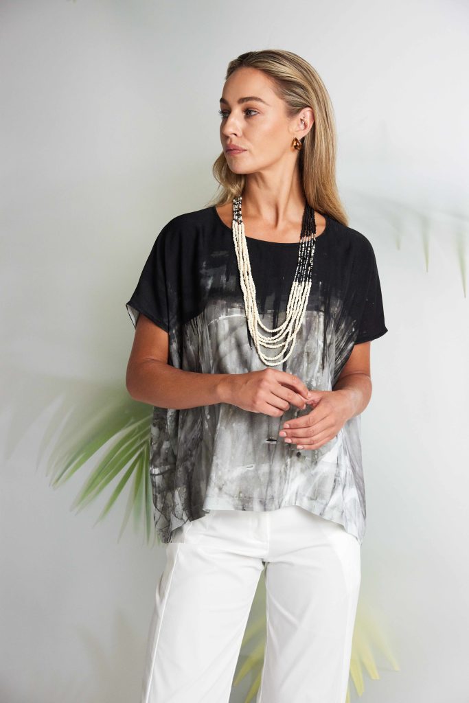 Border Print Round Neck Top in Taupe