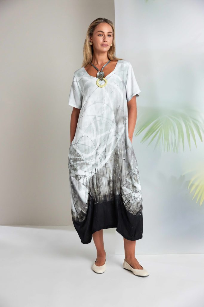 Border Print Round Neck Dress in Taupe