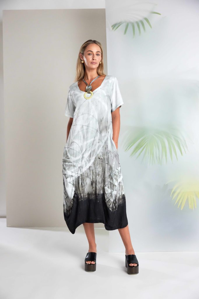 Border Print Round Neck Dress in Taupe