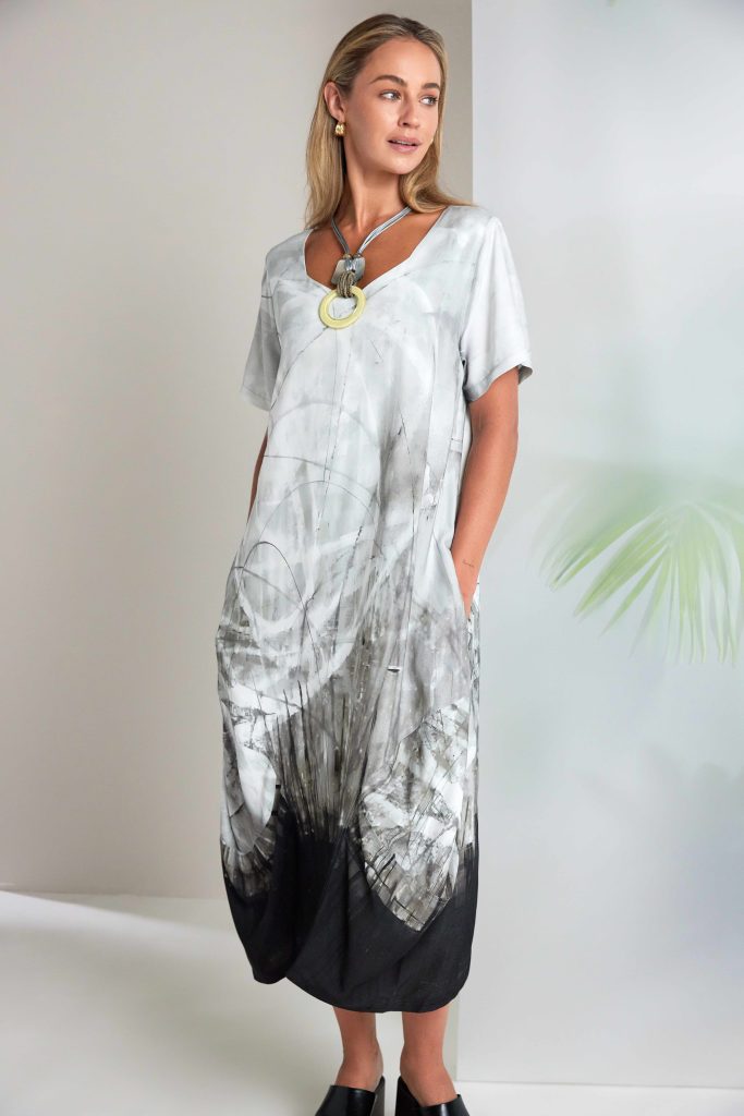 Border Print Round Neck Dress in Taupe