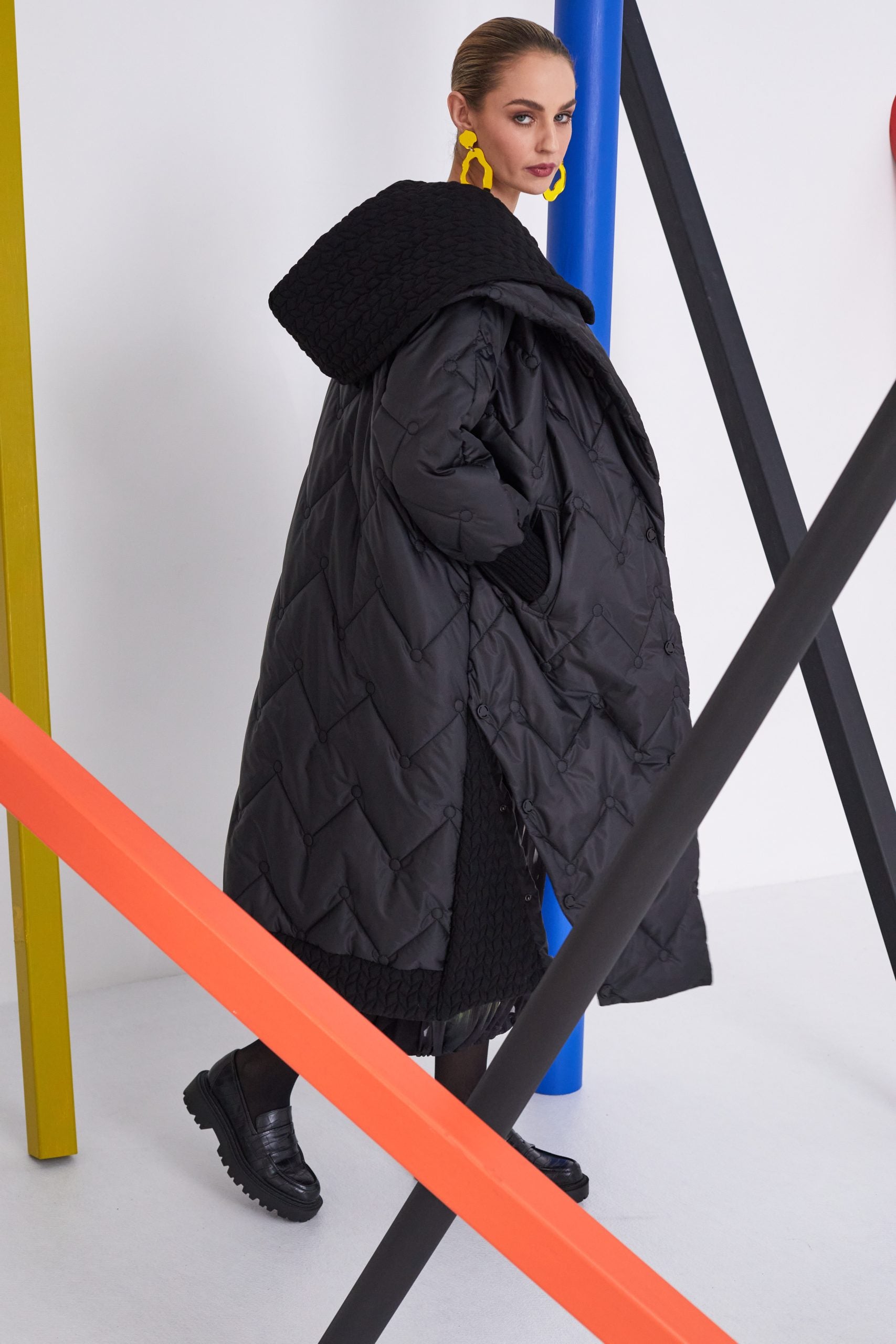 Quilted Coat with Knit Cuff in Black