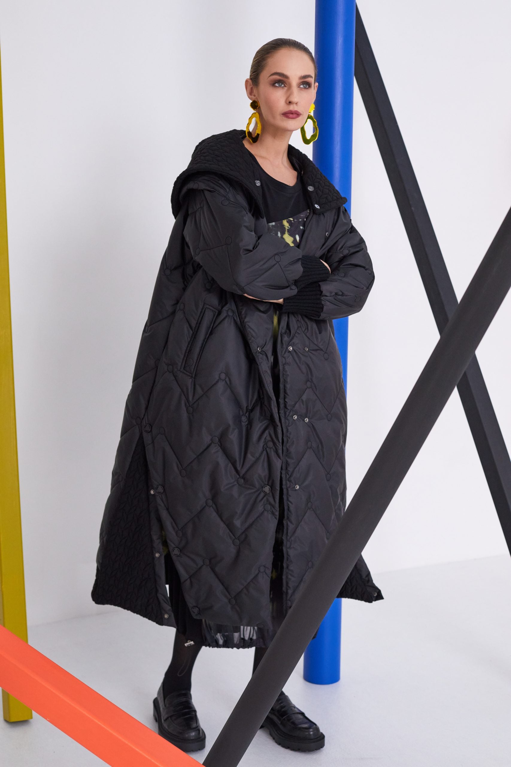 Quilted Coat with Knit Cuff in Black