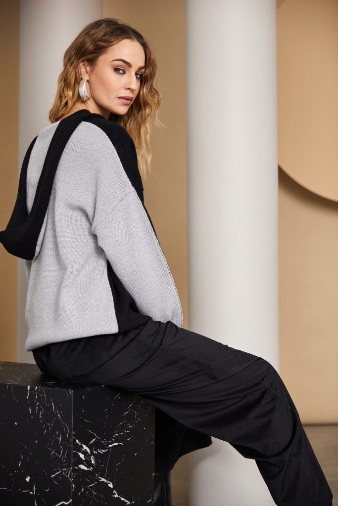 Hooded Knit with Contrast Back in Black/Grey