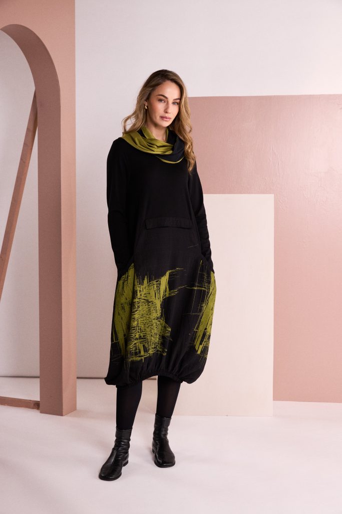Scribble Print Bottom Section Dress in Black/Avocado