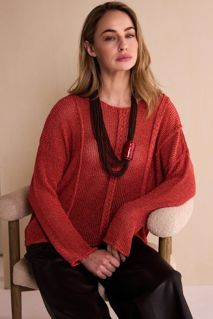 Round Neck Knit With Cut Away Hem in Tigerlily
