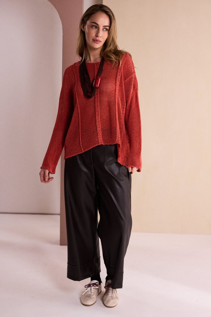 Round Neck Knit With Cut Away Hem in Tigerlily