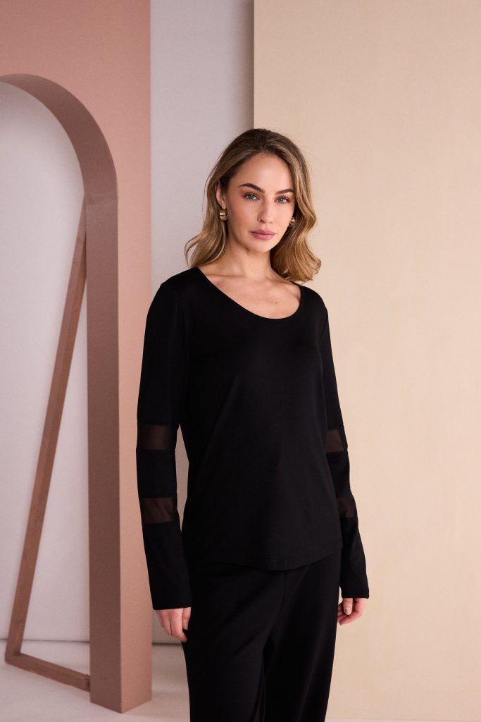 Jersey Top With Mesh Insets At Sleeve in Black