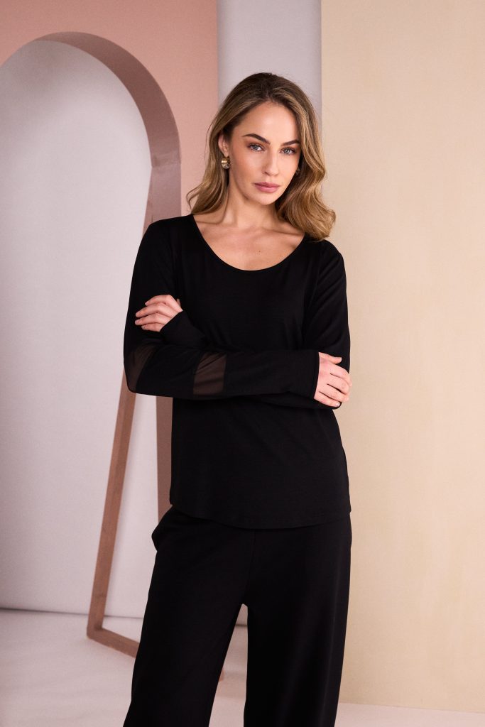 Jersey Top With Mesh Insets At Sleeve in Black