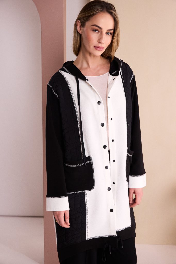 Two Tone Hooded Coat in Black/Winter White