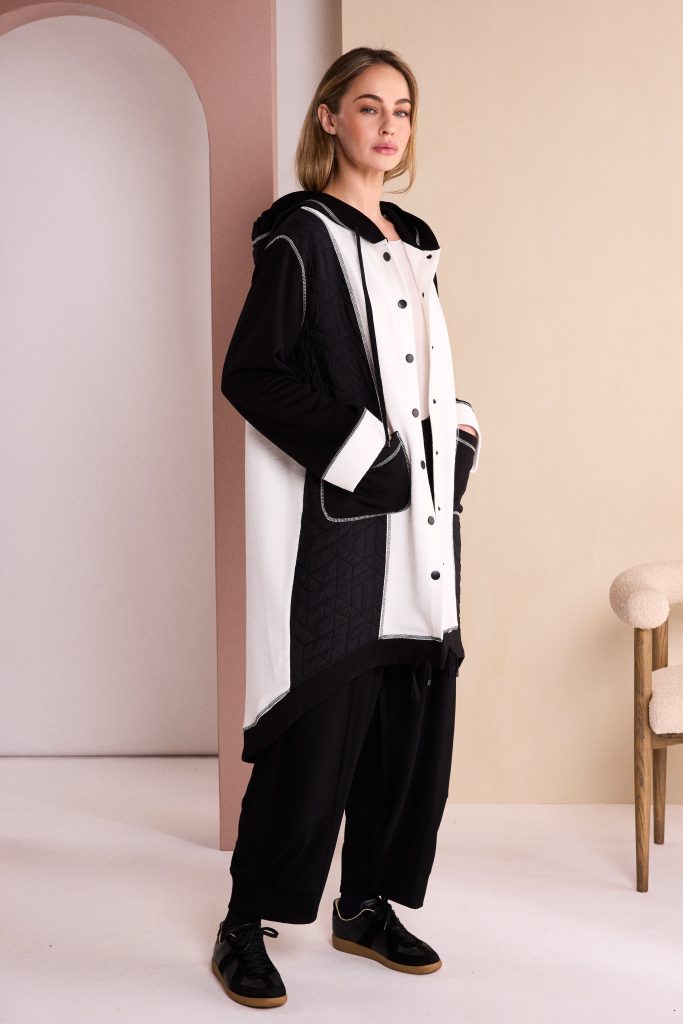 Two Tone Hooded Coat in Black/Winter White