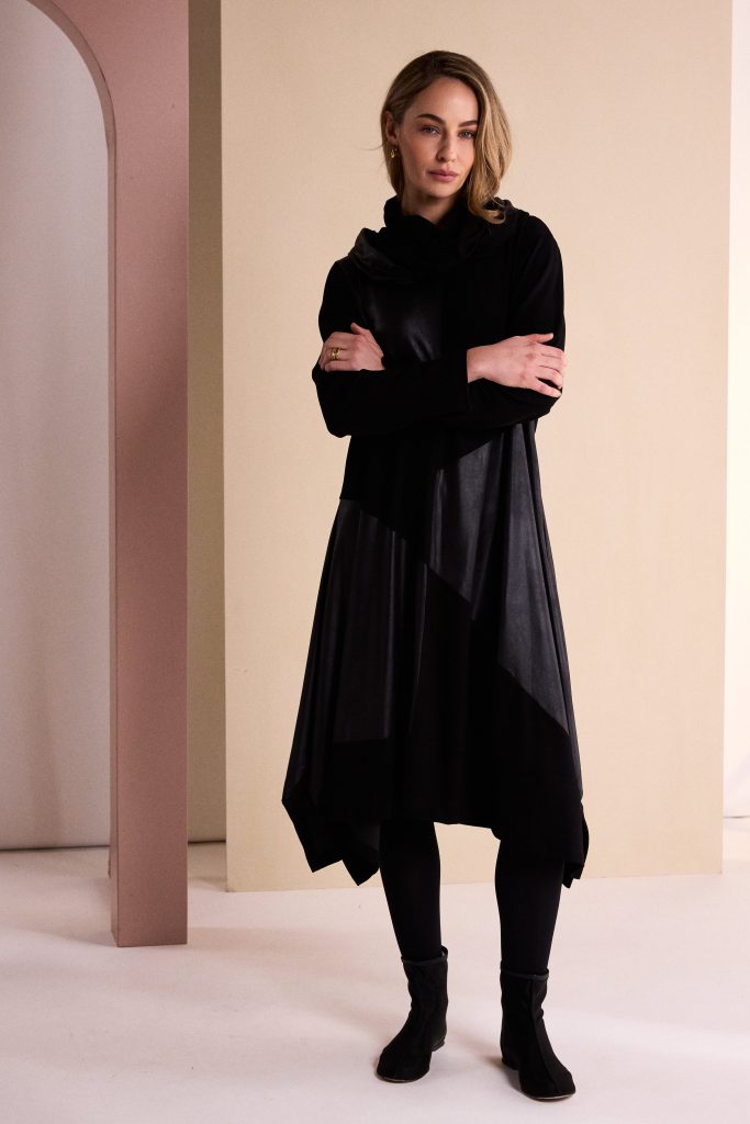 Dress With Leatherette Section And Neckpiece in Black