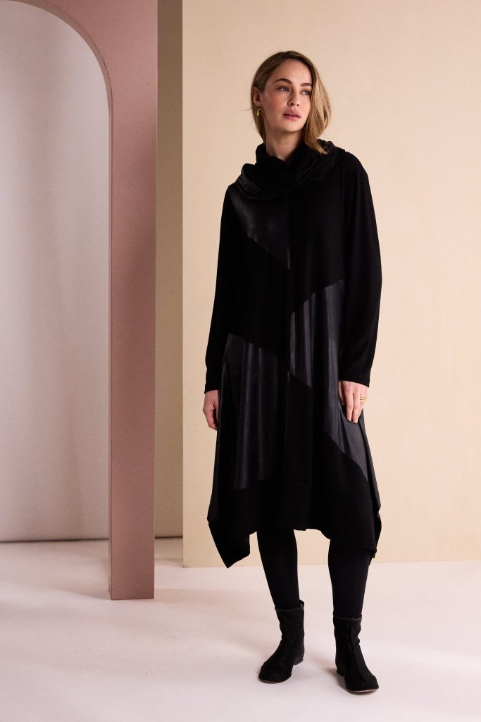 Dress With Leatherette Section And Neckpiece in Black