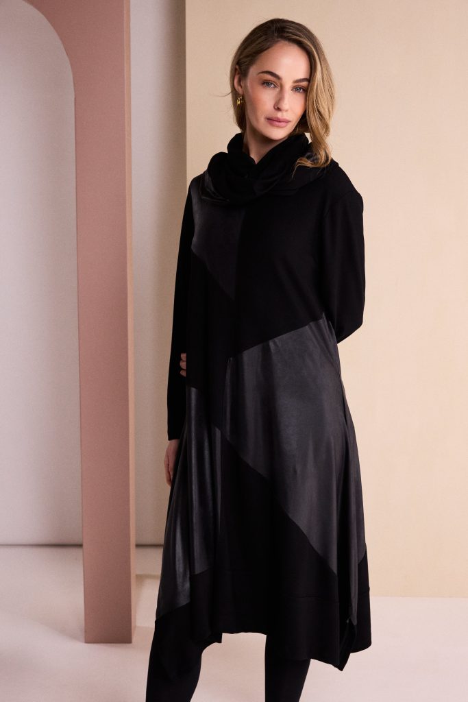 Dress With Leatherette Section And Neckpiece in Black