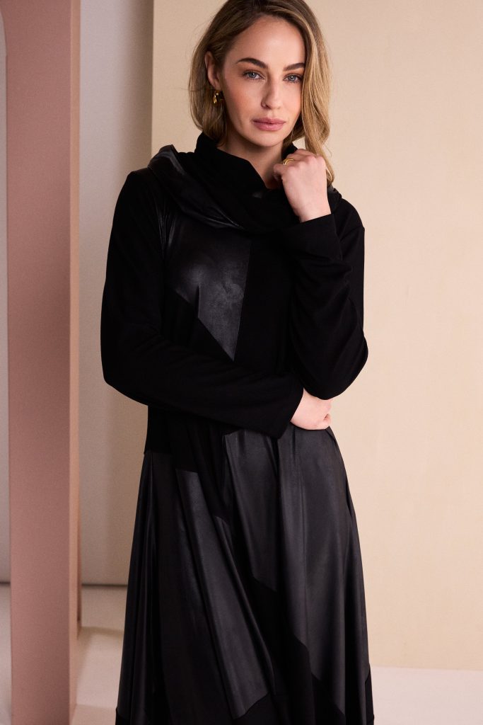 Dress With Leatherette Section And Neckpiece in Black