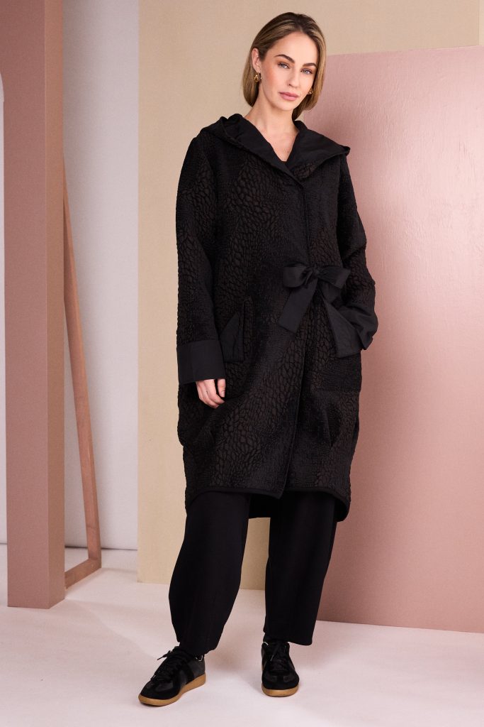 Jaquard Section Coat With Ring Tie Detail in Black/Choko