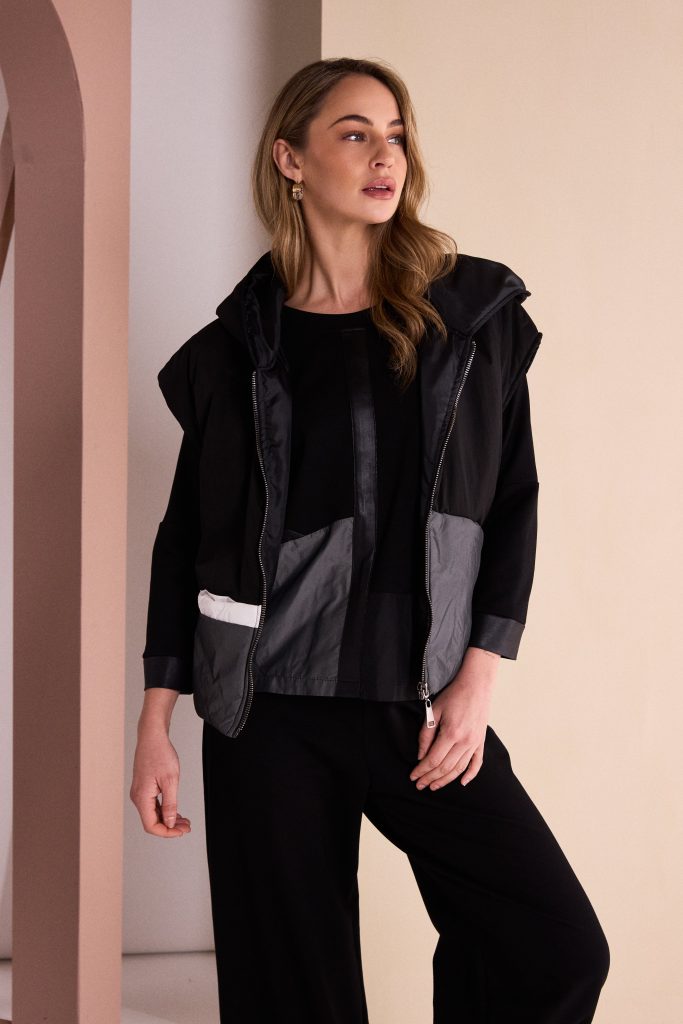 Round Neck Top With Contrast Sections in Black/Grey