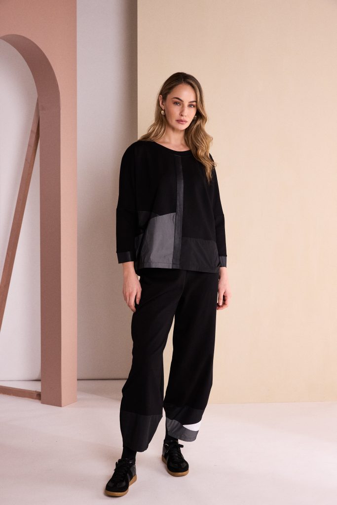 Round Neck Top With Contrast Sections in Black/Grey