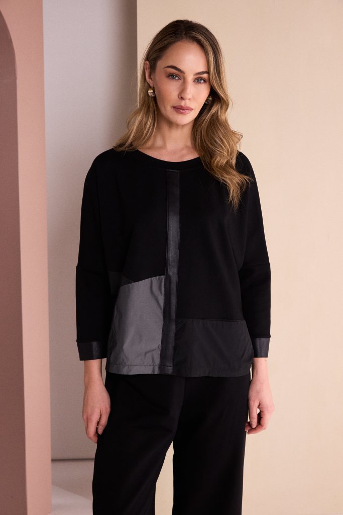 Round Neck Top With Contrast Sections in Black/Grey