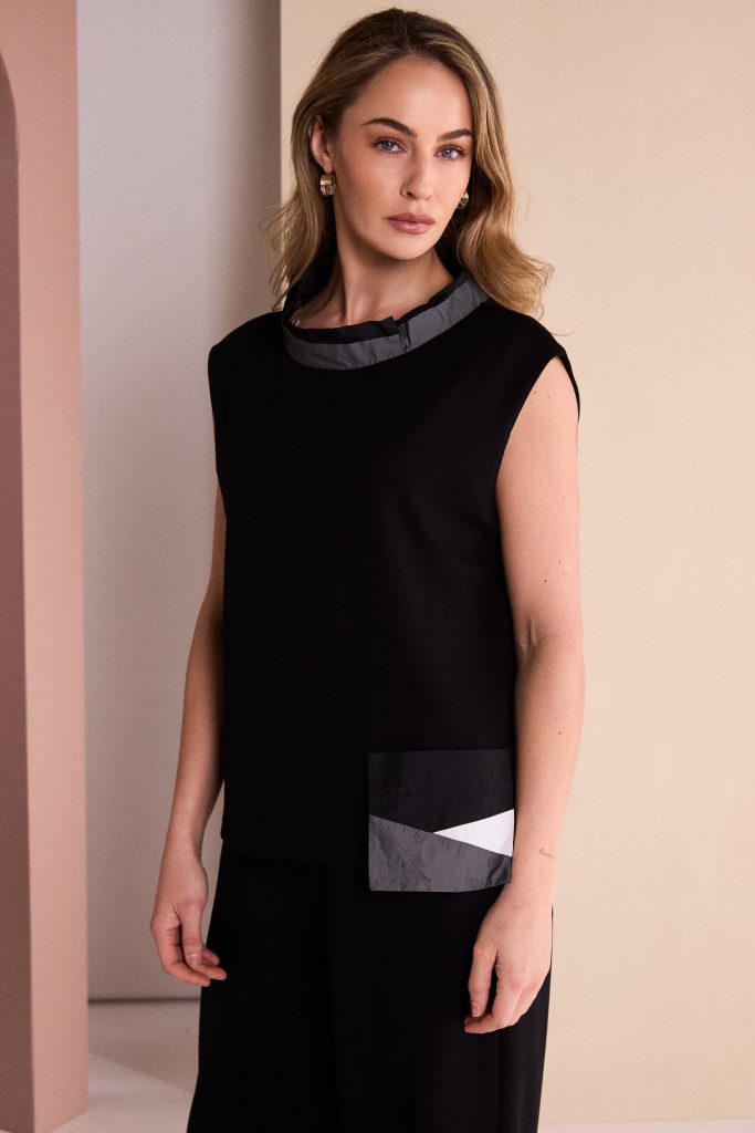High Neck Top With Colour Contrast Sections in Black/Grey