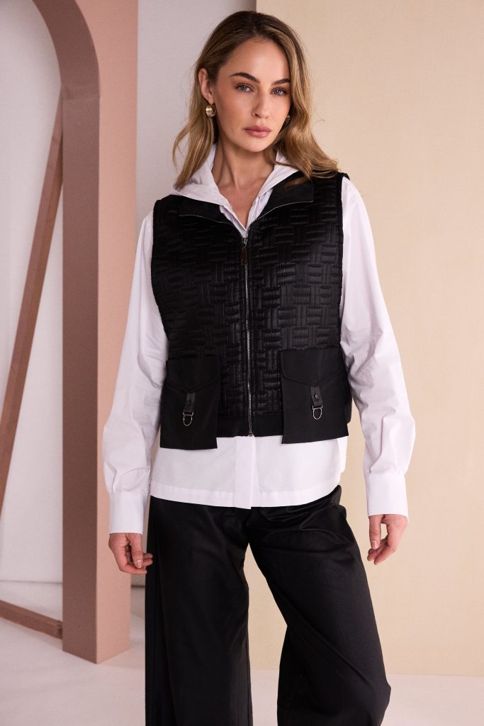 Quilted Waistcoat With D Ring Trim Pocket in Black