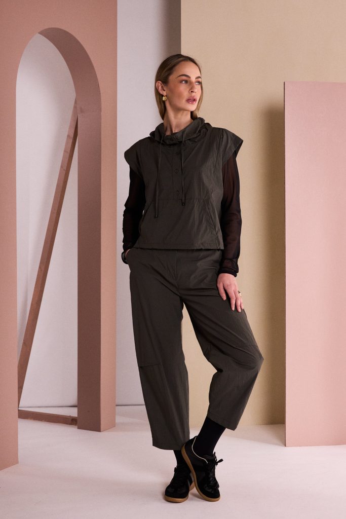 Drawstring Hemline Top With High Neck in Thyme