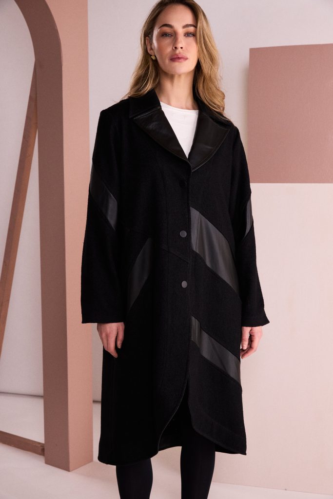 Soft Long Line Coat With Leather Insets in Black