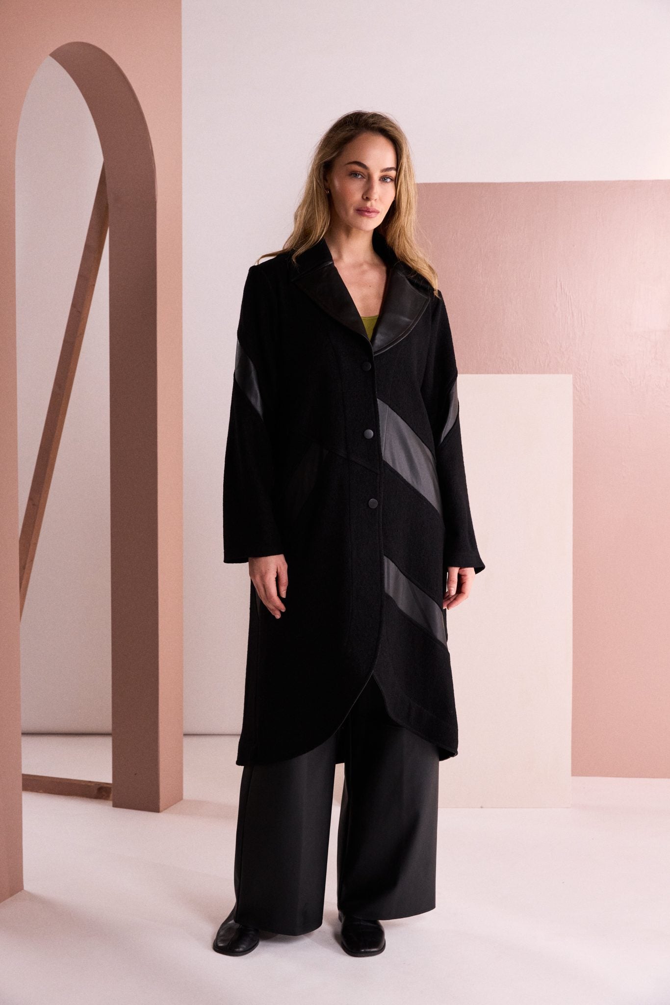 Soft Long Line Coat With Leather Insets in Black