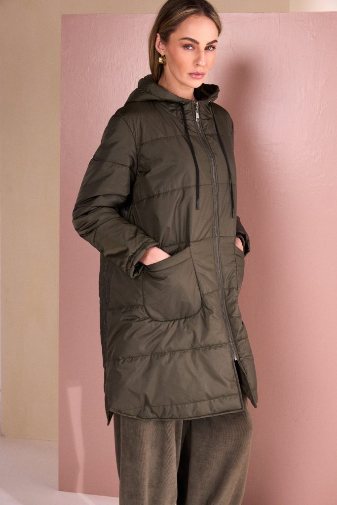 Quilted Hooded Coat With Pocket Detail in Thyme