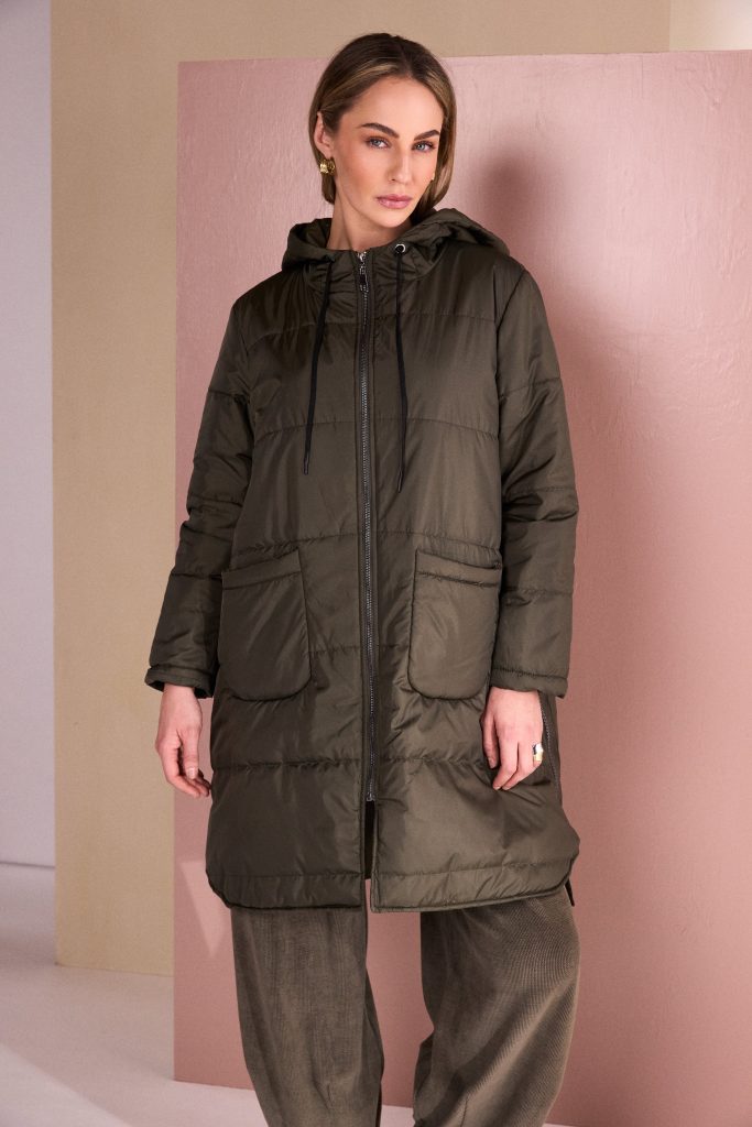 Quilted Hooded Coat With Pocket Detail in Thyme
