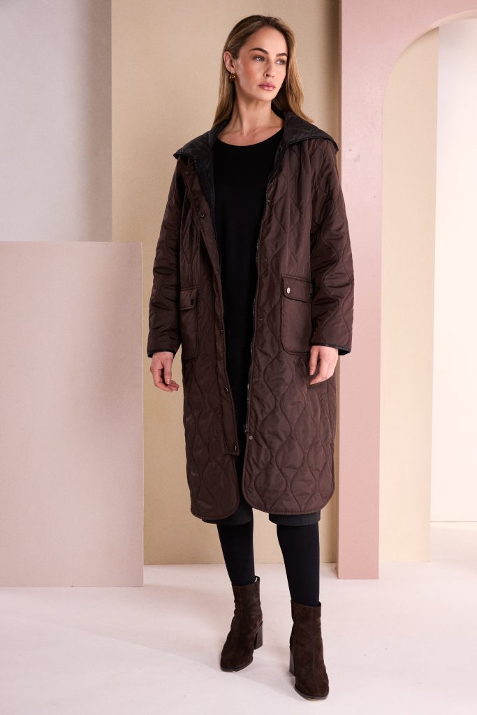 Padded Coat With Pocket And Stud Detail in Choko