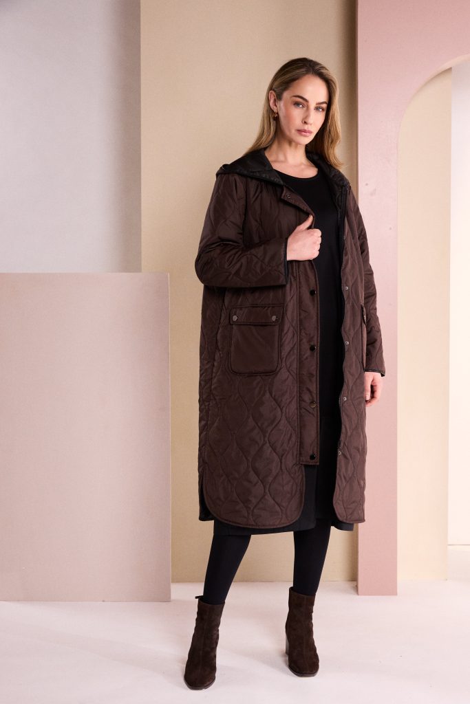 Padded Coat With Pocket And Stud Detail in Choko