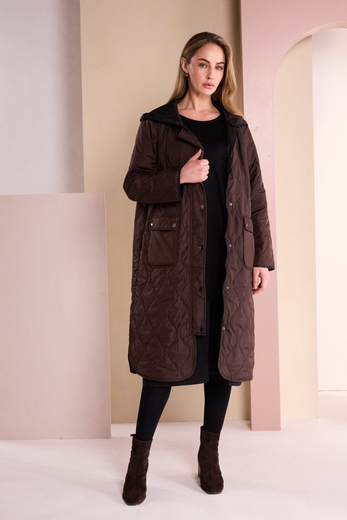 Padded Coat With Pocket And Stud Detail in Choko