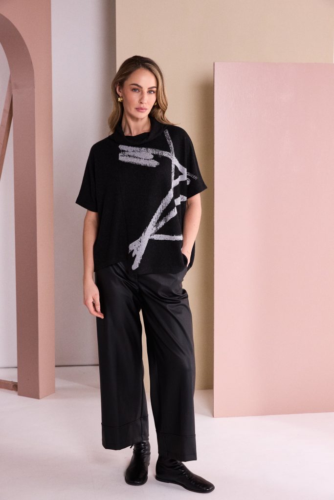 Wide Leg Leatherette Trouser With Hem Panel in Black