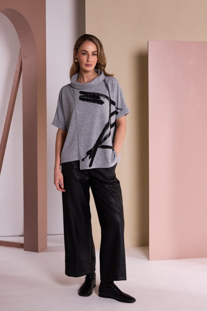 Brush Stroke Print  Square Shape High Neck Top in Silver/Black