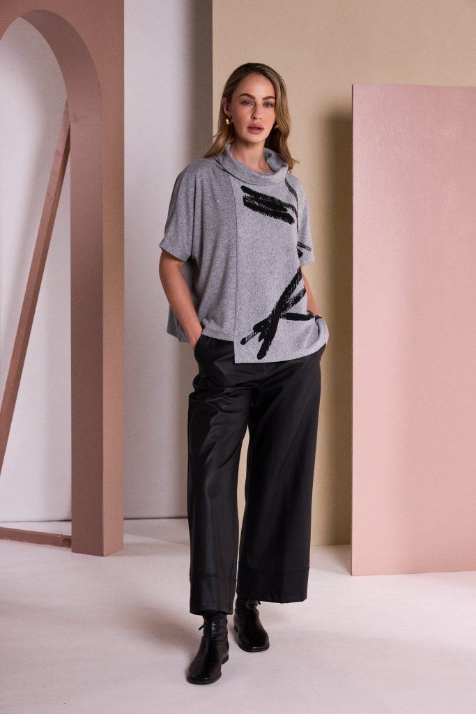 Wide Leg Leatherette Trouser With Hem Panel in Black