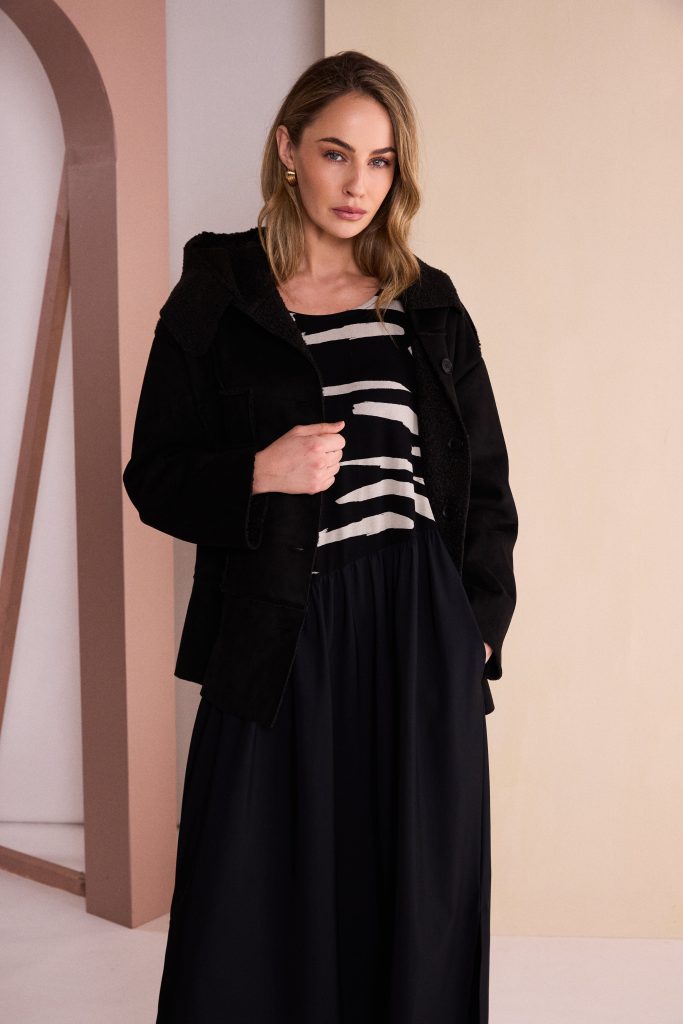 Print Dress With Plain Bottom in Black/Sand