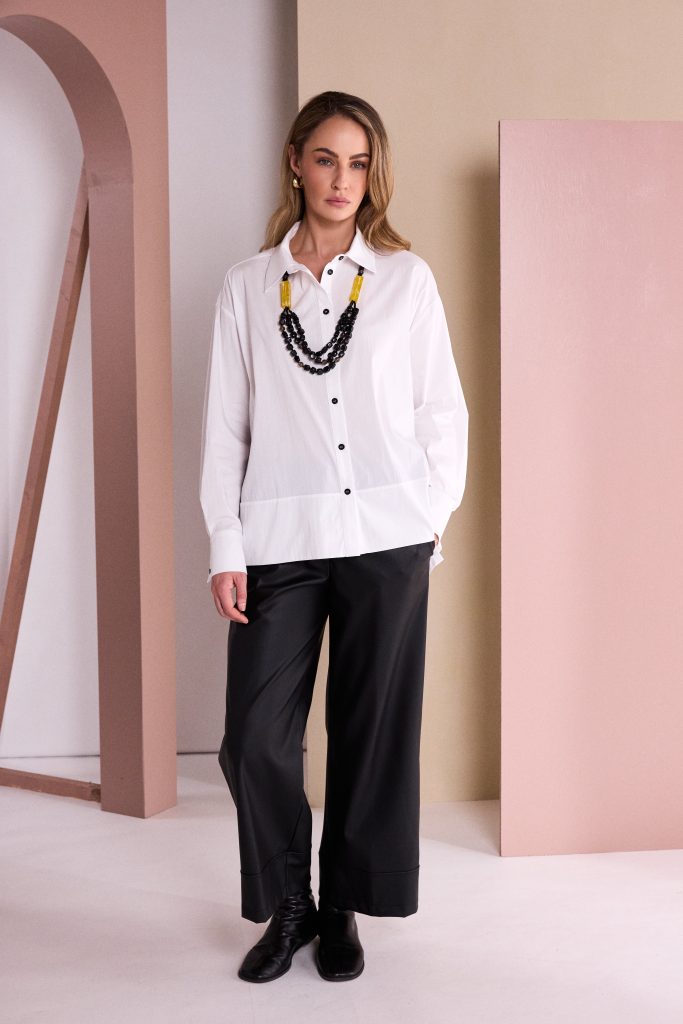 Wide Leg Leatherette Trouser With Hem Panel in Black