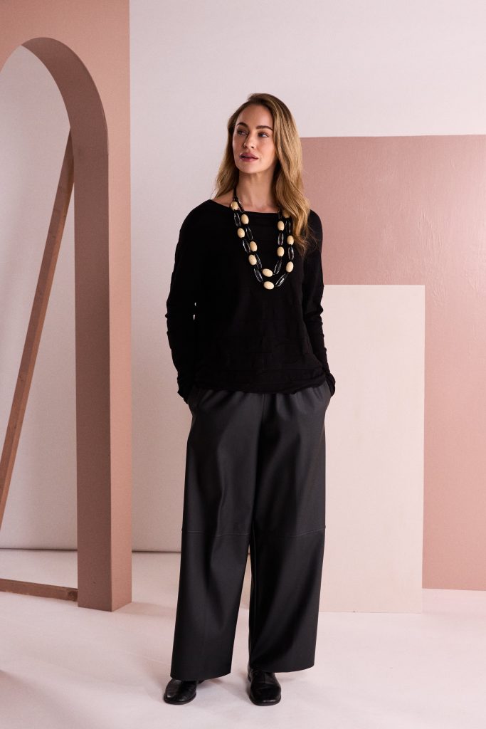 Wide Leg Leatherette Trouser With Hem Panel in Black