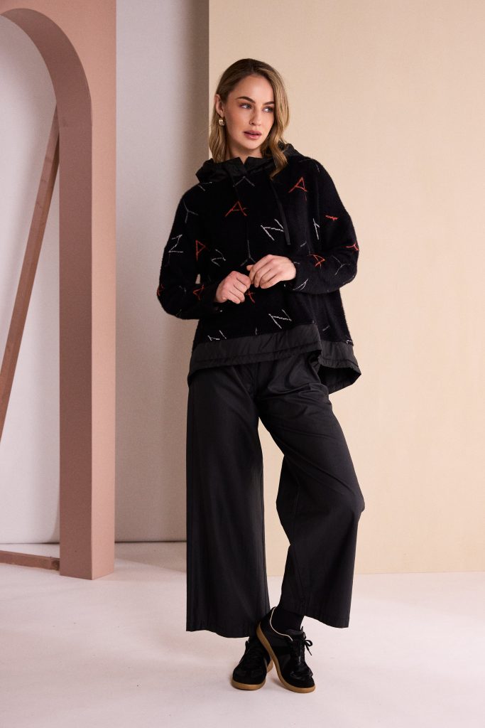 Logo Jacquard Hooded Top in Black/Tigerlily