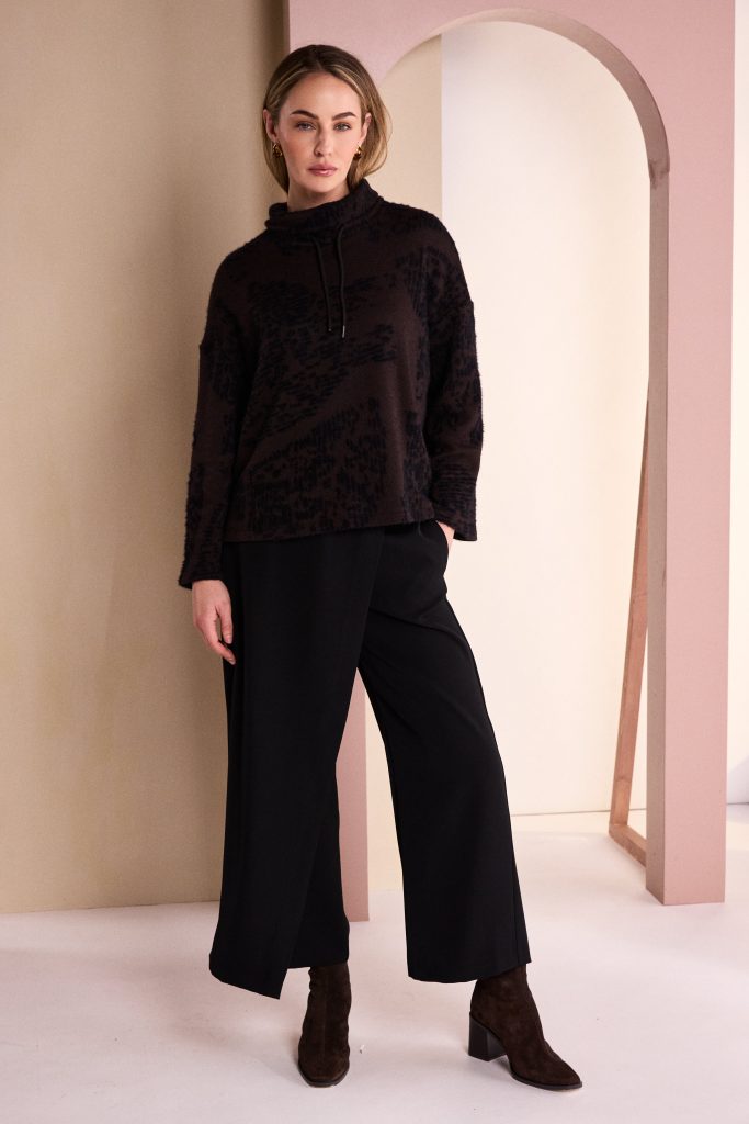 Flocked Placement Print High Neck Knit Top in Black/Choko
