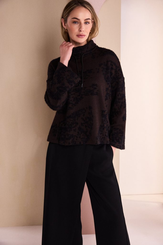 Flocked Placement Print High Neck Knit Top in Black/Choko