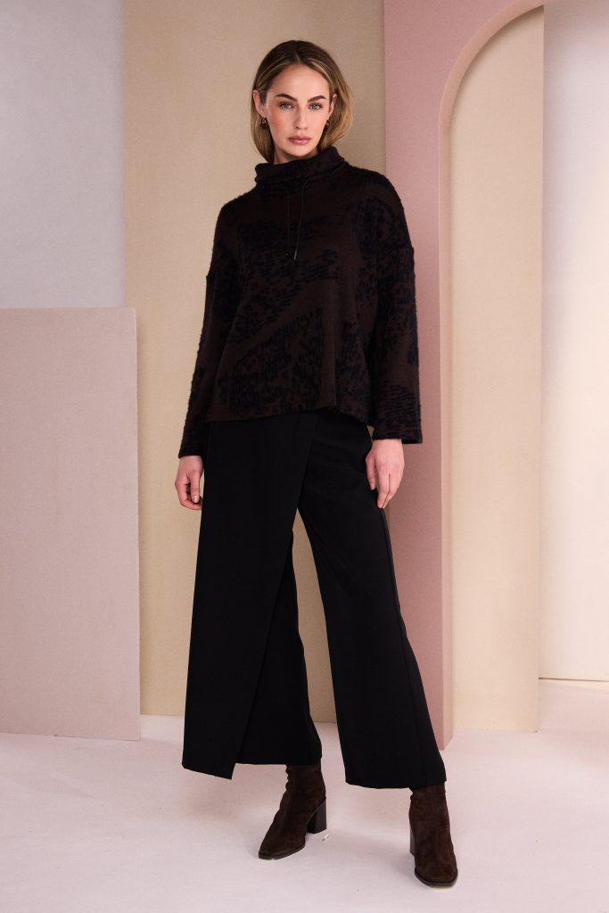 Flocked Placement Print High Neck Knit Top in Black/Choko