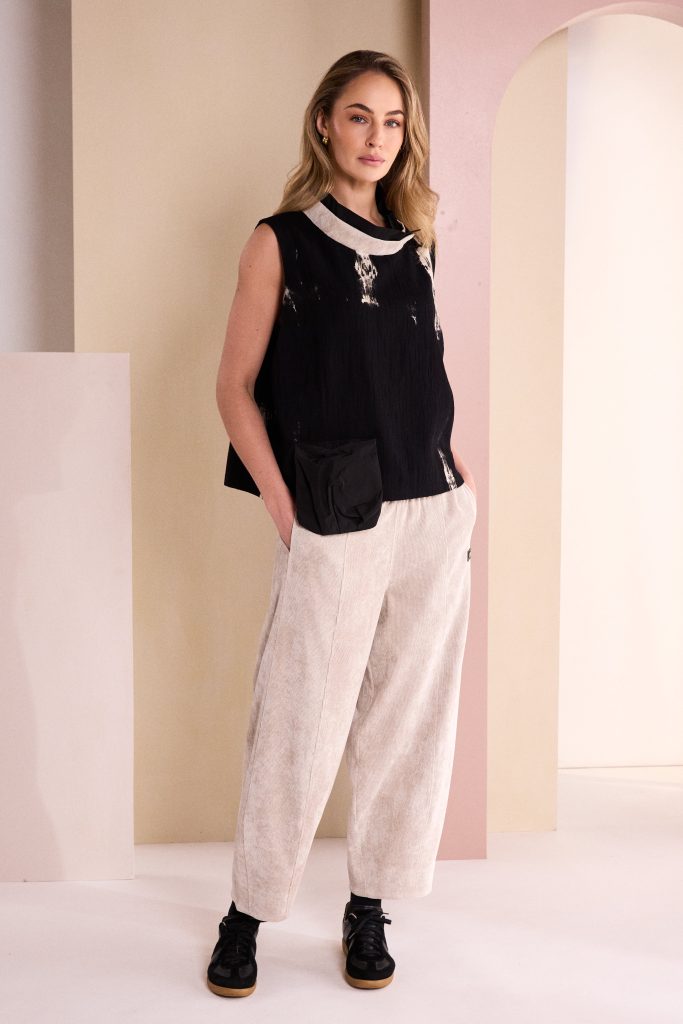 Balloon Shaped Cord Pull Up Trouser in Stone