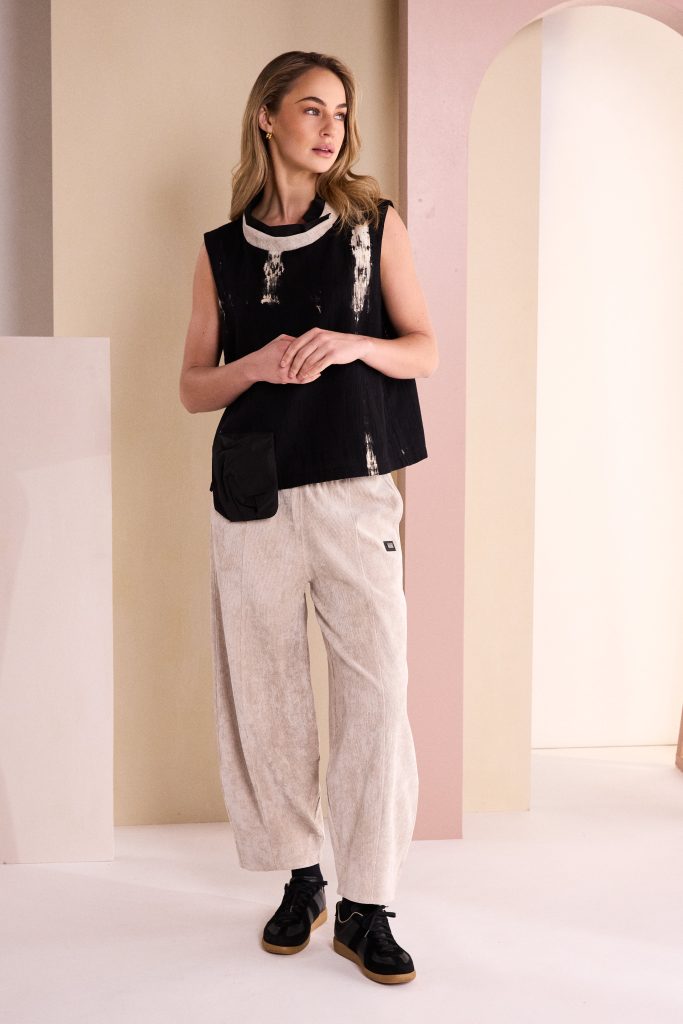 Balloon Shaped Cord Pull Up Trouser in Stone