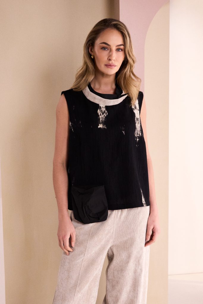 Corded Band Neckline Top With in Black/Stone