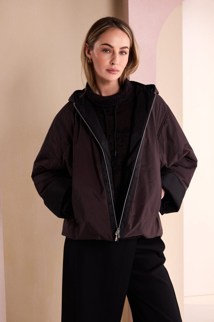 Hooded Jacket With Contrast Zip Panel And Hood Lining in Black/Choko