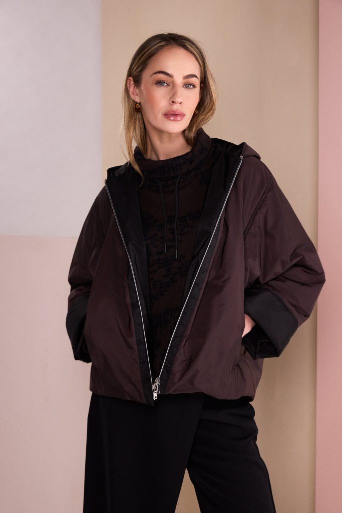Hooded Jacket With Contrast Zip Panel And Hood Lining in Black/Choko