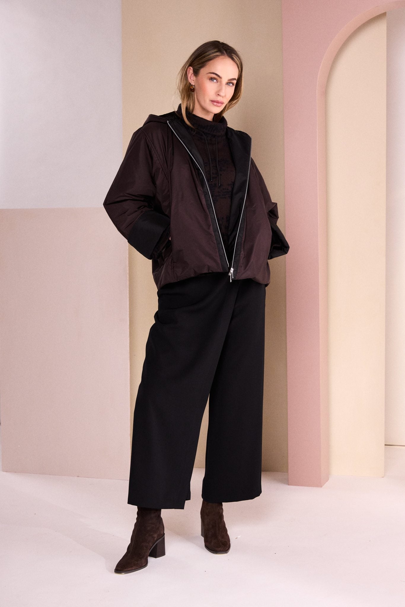 Hooded Jacket With Contrast Zip Panel And Hood Lining in Black/Choko